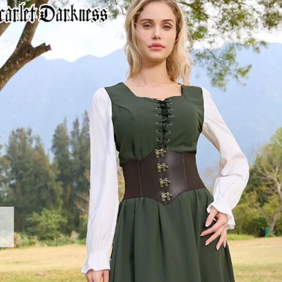 Colonial Contrast Color Dress Square Neck A-Line Dress green - Picture 5 of 15